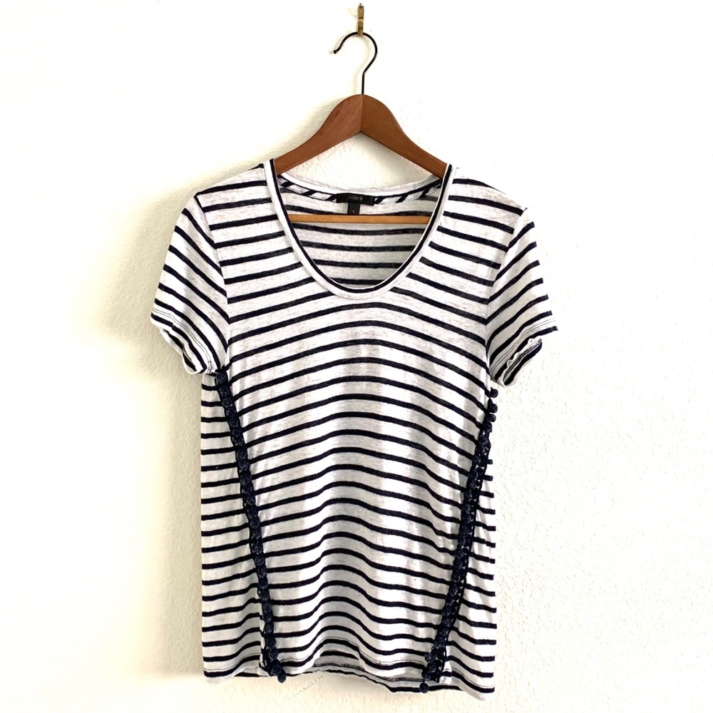 J Crew Striped V-Neck with Pom Pom Trim Linen Tee